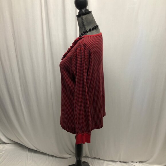 Chaps Womens Top Sz 1X Red Black Houndstooth Long Sleeve Ruffled V-Neck Pullover - Picture 3 of 8